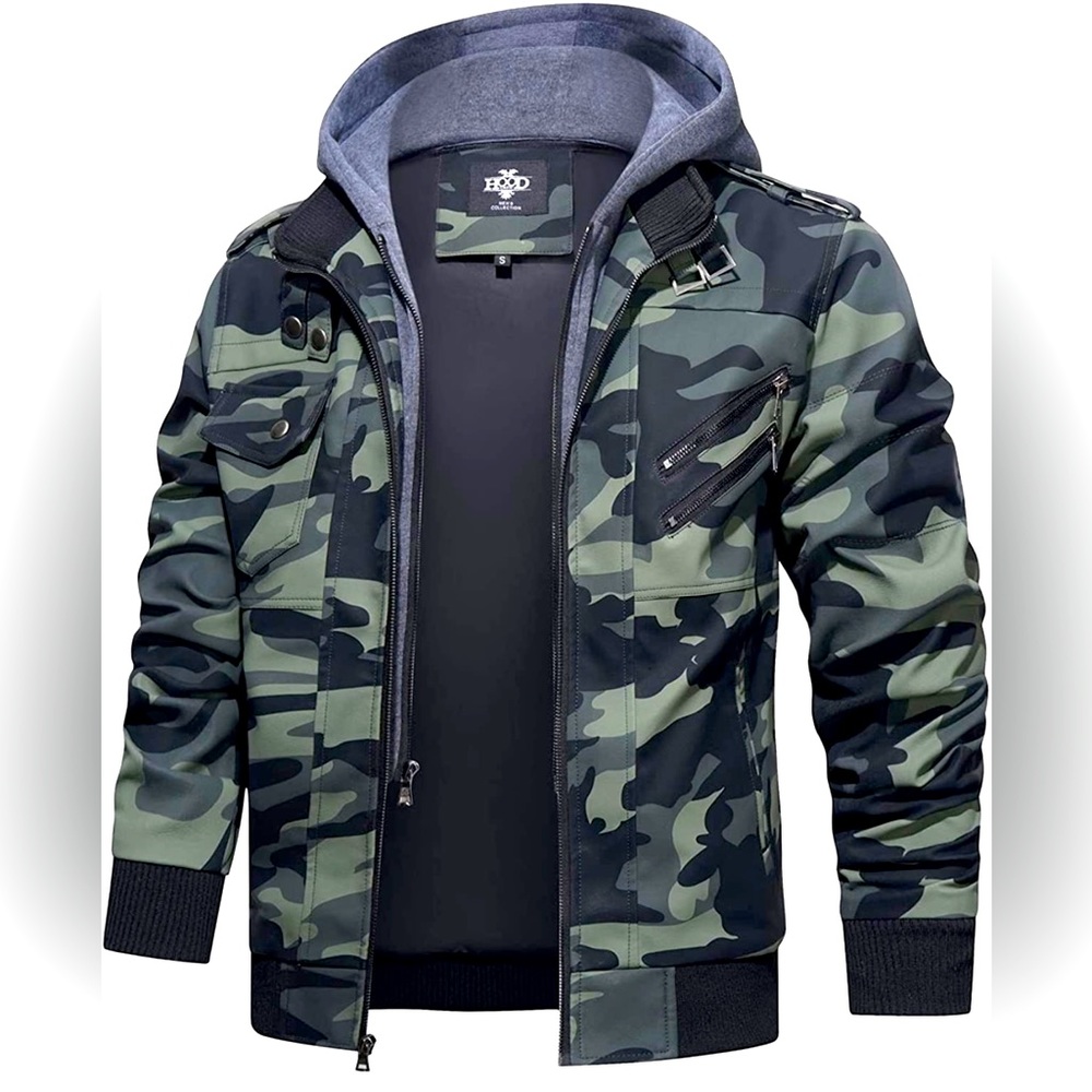 Men’s Green Camo Faux Leather Motorcycle Bomber Jacket With a Removable Hood